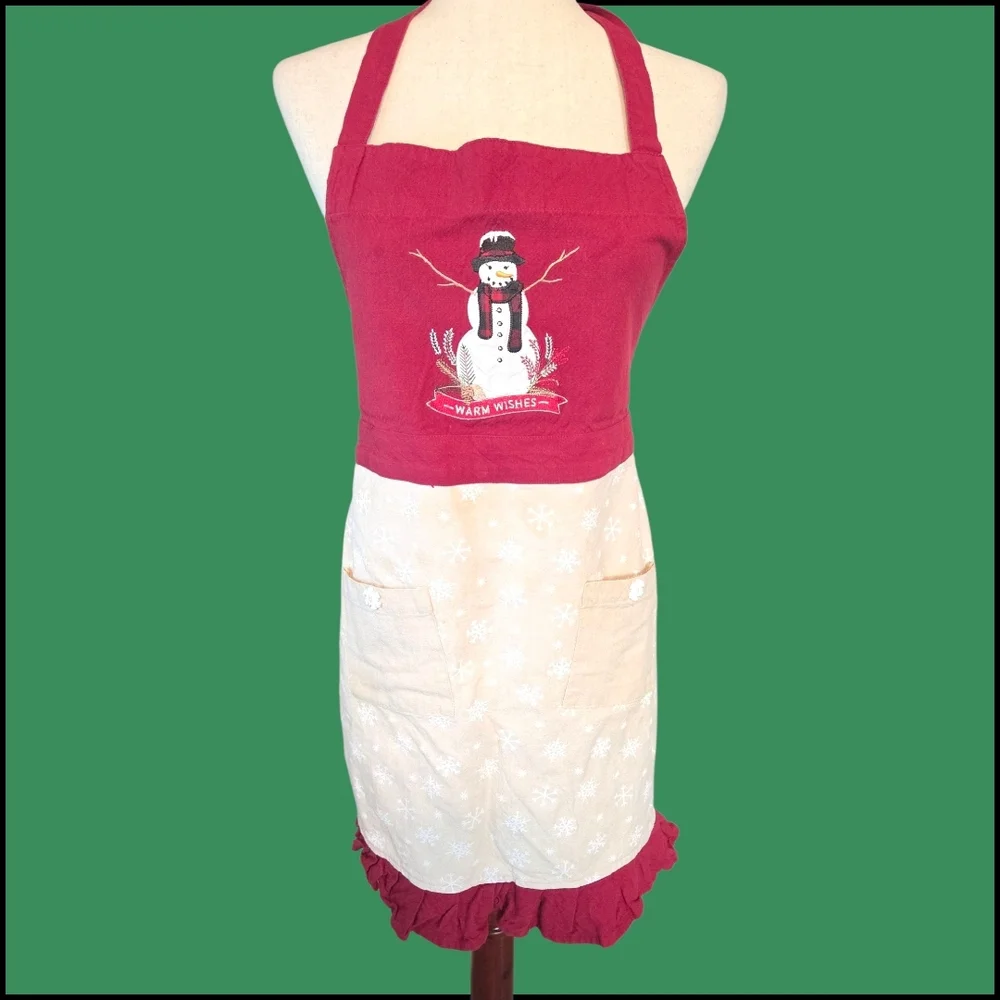 ST. Nicolas Snowman Christmas Apron Red Cream Cotton Holiday Kitchen Ruffle